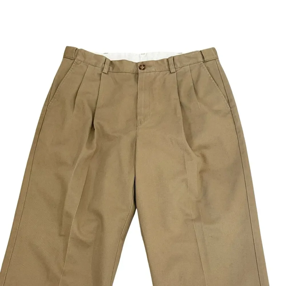 L.L. Bean Comfort Waist Chinos Mens 35x30 Double Pleated Khaki Tan Pants Relaxed - Picture 2 of 11